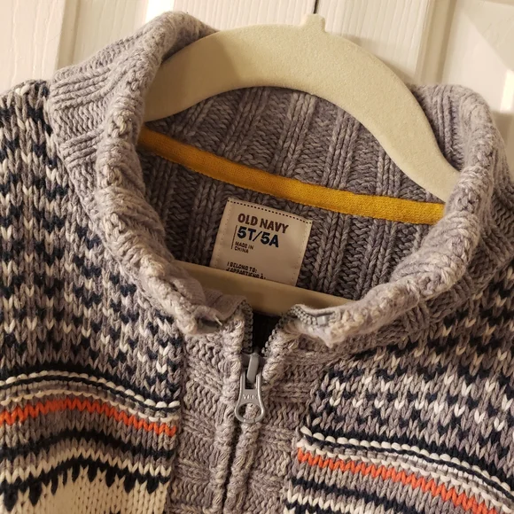 Old Navy Handsome Gray, Navy, Cream & Orange Pattern Heavy Knit Zip Sweater (5T) - Picture 3 of 4